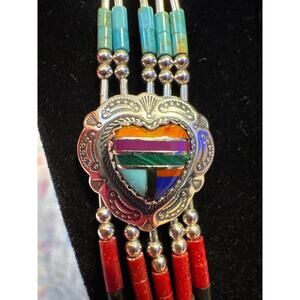Southwest QT Sterling Liquid Silver 5 Strand Turquoise Heart Inlay Necklace Vtg